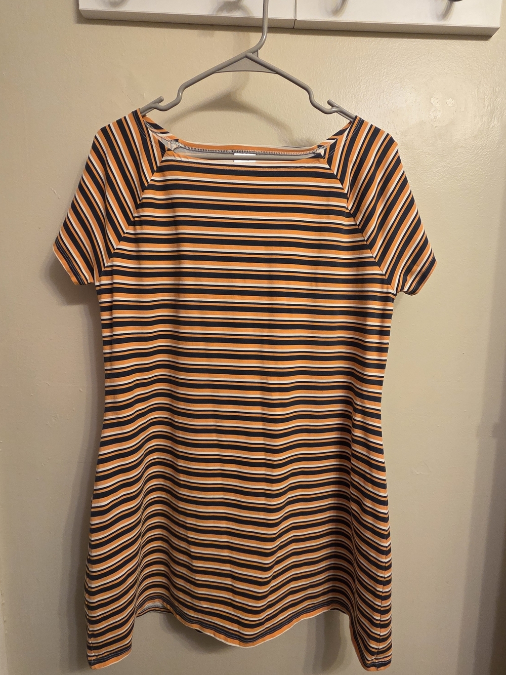 Striped Cotton T-shirt Short-Sleeve Mini Dress Boat Neck 2XL Mustard And Navy